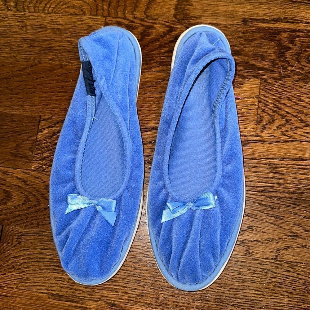 Vintage Cannon‎ blue velour slippers with satin bows